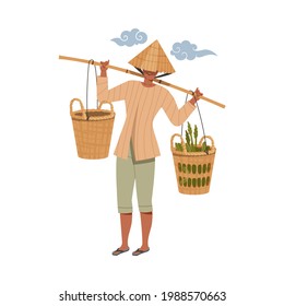 Asian Farmer in Straw Conical Hat Carrying Grass in Wicker Basket on His Shoulders Vector Illustration