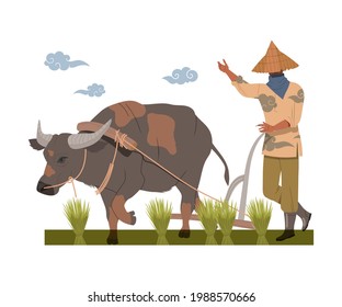 Asian Farmer in Straw Conical Hat Ploughing Earth with Bull Vector Illustration