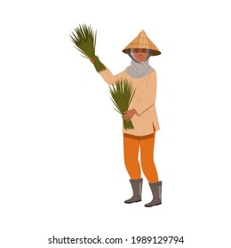 Asian Farmer in Straw Conical Hat Holding Bundle of Rice Grass Vector Illustration