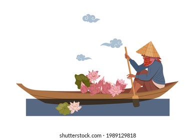 Asian Farmer in Straw Conical Hat on Boat Picking Lotus Flowers Vector Illustration