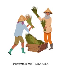 Asian Farmer in Straw Conical Hat Gathering Bundles of Rice Grass in Wooden Crate Vector Illustration