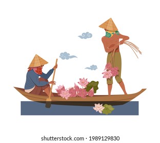 Asian Farmer in Straw Conical Hat on Boat Picking Lotus Flowers Vector Illustration