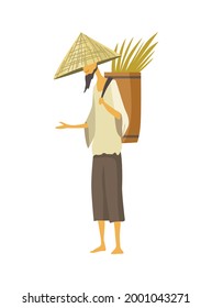 Asian farmer in straw conical hat. Asia rural culture. Chinese farmer carrying yields rice harvest on his shoulders. Vector cartoon illustration