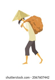 Asian farmer in straw conical hat. Asia rural culture. Chinese farmer carrying yields harvest on his shoulders. Vector cartoon illustration