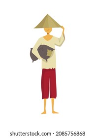 Asian farmer in straw conical hat. Asia rural culture. Chinese farmer carrying yields harvest in his hands. Vector cartoon illustration