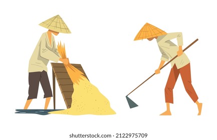 Asian Farmer In Straw Conical Hat Working On Paddy Field Vector Set