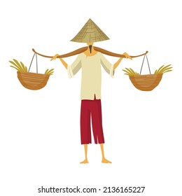 Asian farmer in straw conical hat. Asia rural culture. Chinese farmer carrying yields rice harvest on his shoulders. Vector cartoon illustration