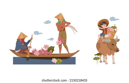 Asian Farmer in Straw Conical Hat Gathering Water Lily in Boat and Sitting on Bull with Basket Vector Illustration Set