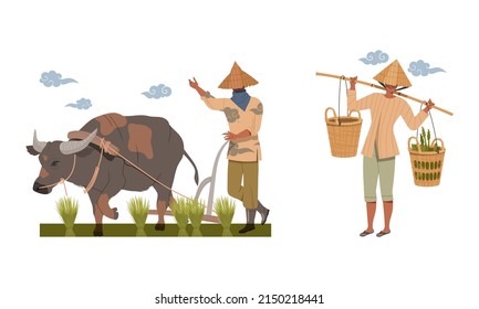 Asian Farmer in Straw Conical Hat Carrying Basket and Ploughing with Bull Vector Illustration Set