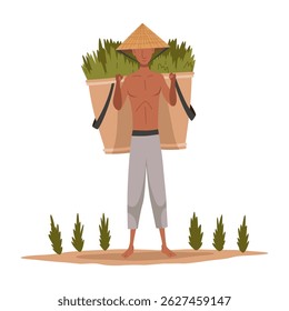 Agricultor asiático com chapéu de palha cônica. Cultura rural asiática. Agricultor chinês que carrega o arroz colhe em seus ombros. Ilustração de desenho animado vetorial