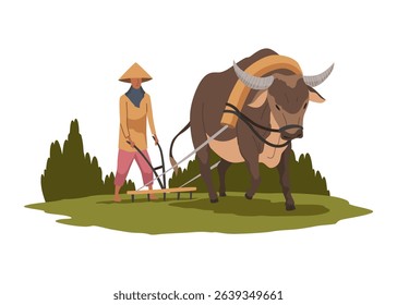 Asian farmer in straw conical hat. Asia rural culture. Chinese farmer cultivates the land with buffalo and aplow. Vector cartoon illustration