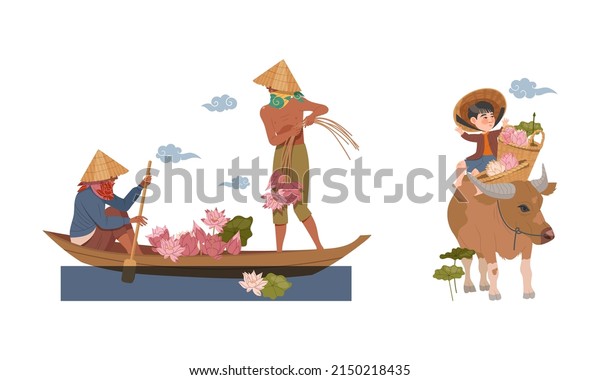 Asian\
Farmer in Straw Conical Hat Gathering Water Lily in Boat and\
Sitting on Bull with Basket Vector Illustration\
Set
