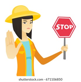 Asian farmer in summer hat showing stop road sign. Young severe farmer holding stop road sign. Serious farmer with stop road sign. Vector flat design illustration isolated on white background.