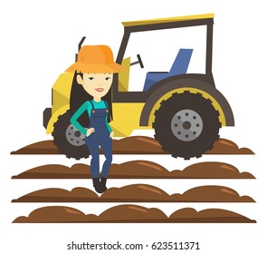 Asian farmer in summer hat standing on the background of tractor preparing land. Young farmer standing in the field in front of tractor. Vector flat design illustration isolated on white background.