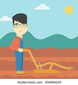 An asian farmer using a plough on the background of plowed agricultural field. Farmer working with a plough. Vector flat design illustration. Square layout.