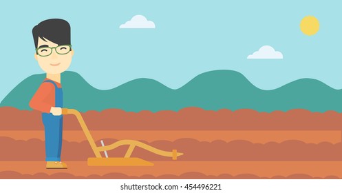 Ein asiatischer Bauer, der einen Pflug auf dem Hintergrund eines Pfluges landwirtschaftliches Feld verwendet. Bauer, der mit einem Pflug arbeitet. Vektorflache Design-Illustration. Horizontales Layout.