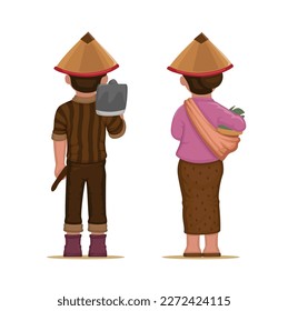 Vector de ilustración de dibujos animados de la pareja de trabajadores agrícolas asiáticos de vista posterior