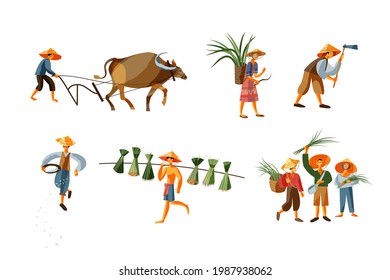 Asian farmers in agriculture set. Chinese, Vietnamese, Indian or Indonesian workers vector illustration. Men and women collecting crops, plowing with bull on white background.