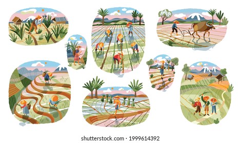 Asian farmers in agriculture set. Farm with Chinese, Vietnamese, Indian or Indonesian workers vector illustration. Men and women collecting crops in fields, plowing with bull.