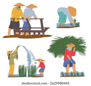 Asian farmers cartoon character growing rice on agricultural field step-by-step process set. Oriental agrarians digging, planting, watering and harvesting on rustic plantation vector illustration