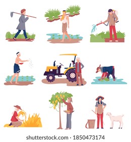 Asian Farmers Picking Agricultural Crops and Cultivating Soil Vector Illustration Set