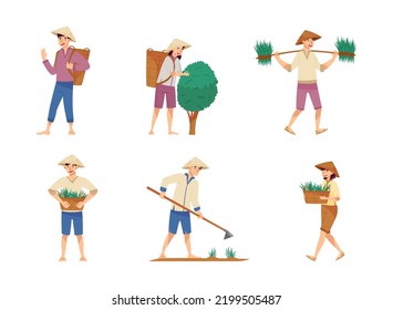 Asian Farmers in Straw Conical Hat Working on Field Vector Set