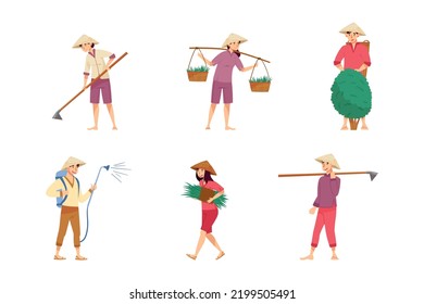 Asian Farmers in Straw Conical Hat Working on Field Vector Set