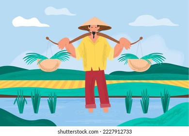 Granjeros asiáticos con sombrero cónico de paja trabajando en vectores de campo, granjeros asiáticos en agricultura ambientados. Granja con ilustraciones vectoriales de trabajadores chinos, vietnamitas, indios o indonesios. Colección de hombres y mujeres 