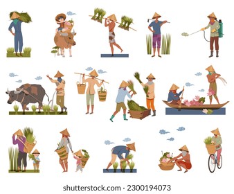 Asian Farmers in Straw Conical Hat Working on Field Big Vector Set