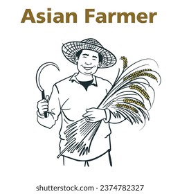 Asian Farmers in Straw Conical Hat Working on Field Vector line art illustration