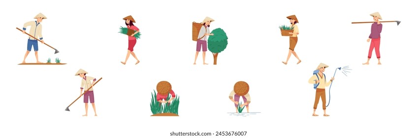 Asian Farmers in Straw Conical Hat Working on Field Vector Set