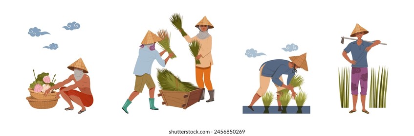 Asian Farmers in Straw Conical Hat Working on Field Vector Set