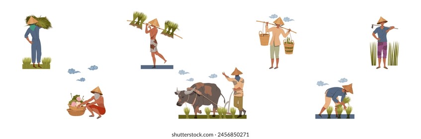 Asian Farmers in Straw Conical Hat Working on Field Vector Set