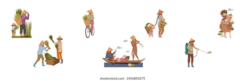 Asian Farmers in Straw Conical Hat Working on Field Vector Set