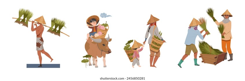 Asian Farmers in Straw Conical Hat Working on Field Vector Set