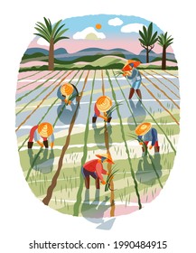 Asian farmers working in agriculture field. Farm with Chinese, Vietnamese, Indian or Indonesian workers vector illustration. Men and women collecting crops in fields with plow or hoe.