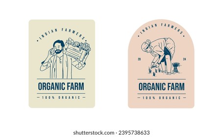Asian farmers working in the Field. Hand-drawn sketch, vector, illustration, logo unit 
