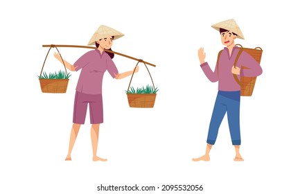 Asian farmers working on farm set. Peasants in straw conical hats planting and harvesting rice and tea on field cartoon vector illustration