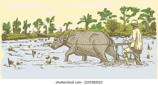 Asian farmers working on Field. Farmer harvesting vector. Hand drawn illustration.