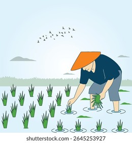 Asian farmers working on Field. Farmer harvesting vector. Hand drawn illustration.