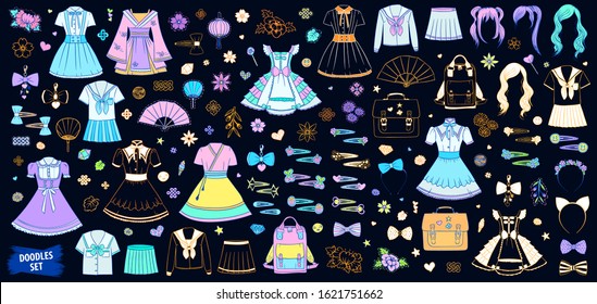 Asian fashion doodles set. Harajuku fashion. Japanese teenagers style. Cute girly dresses and accessories. Kawaii stickers. Hair pins and head bands.