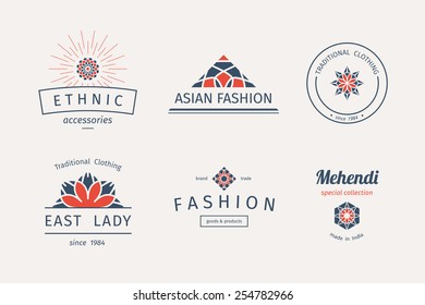 Asian fashion shops logo templates set. Vector ethnic ornamental design for clothing and accessories boutiques.