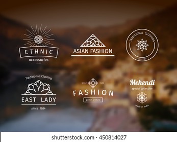 Asian fashion shops logo templates set. Vector ethnic ornamental design for clothing and accessories boutiques.