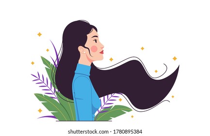 Asian fashion woman, minimalist style. Eastern lady with long fluttering hair among tropical leaves. Stylish woman character . Minimalist summer model lady composition. Vector illustration