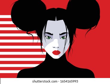 Asian Fashion Woman In Style Pop Art. Vector Illustration