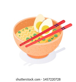 Asian fast food. Bowl of ramen noodle soup and chopsticks. Asian, Chinese, Japanese ramen in bowl and couple of chopsticks, isometric vector illustration isolated on white background.