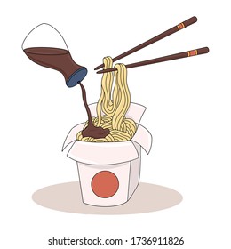 Asian fast food in carton box vector cartoon illustration. Chinese noodles with soy sauce hand drawn illustration. Bright colorful tasty fast food concept for restaurant, cafe, web design.