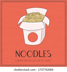 Asian fast food in carton box vector cartoon card template with hand drawn lettering. Chinese noodles with soy sauce. Bright colorful tasty fast food concept for restaurant, cafe, web design.