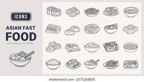 Asian Fast Food Icons set. vector illustration in modern thin line style of asian fast food icons.