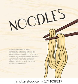 Asian fast food vector cartoon card template with hand drawn lettering. Chinese noodles. Bright colorful tasty fast food concept for restaurant, cafe, web design.